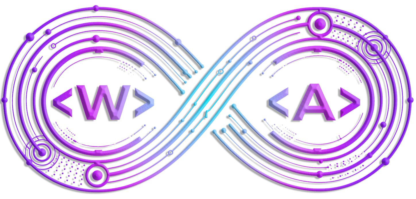 WOATLAS logo: a neon infinity loop containing the letters W and A in code brackets